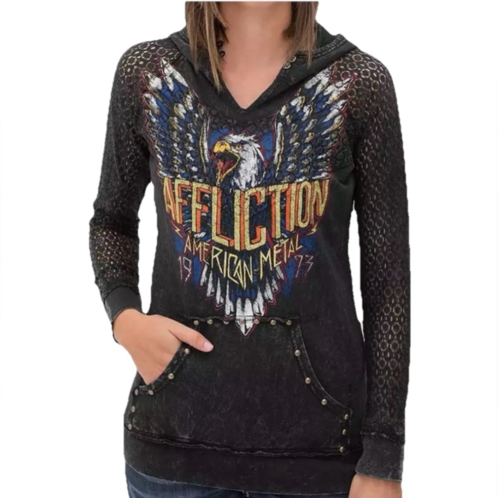 Affliction BORN TO RUN Crochet Sleeved Women's Black Hoodie Size Medium